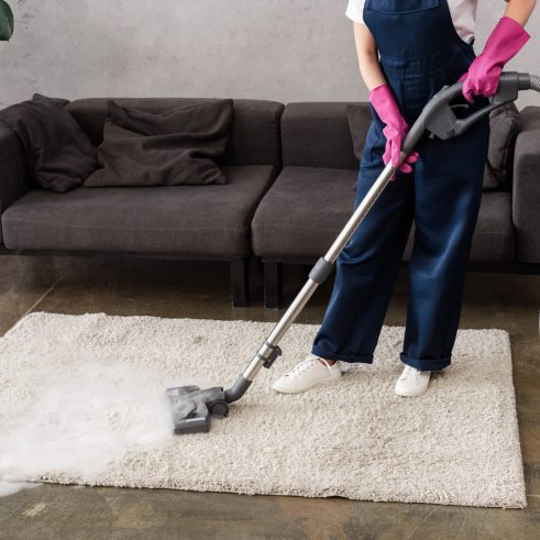 Cropped view of cleaner in overalls and rubber gloves using vacuum cleaner with hot steam on carpet