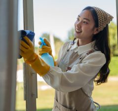 Smiling housekeeper wearing yellow gloves and apron cleaning window glass with spray bottle and rag, enjoying her work in a bright and airy home environment